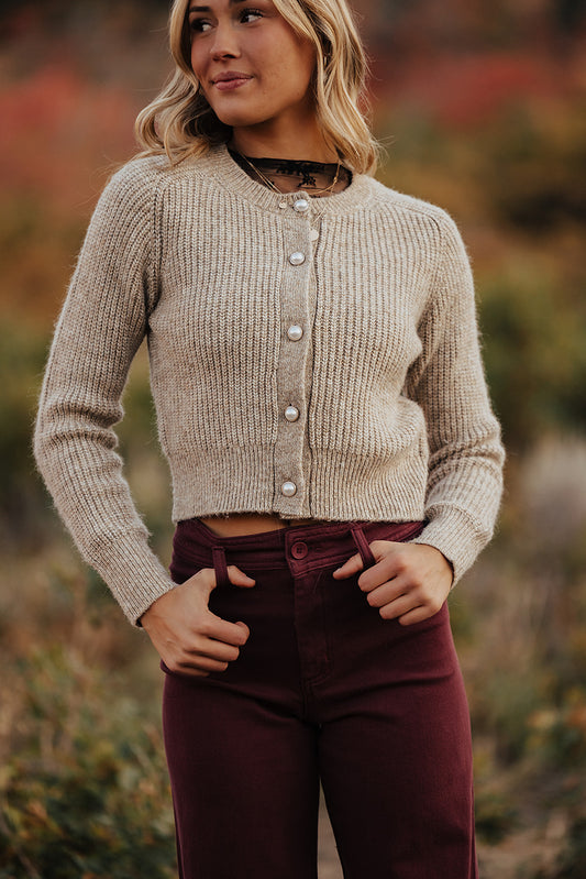 THE CREW PEARL BUTTON DOWN KNIT CARDIGAN IN TAUPE