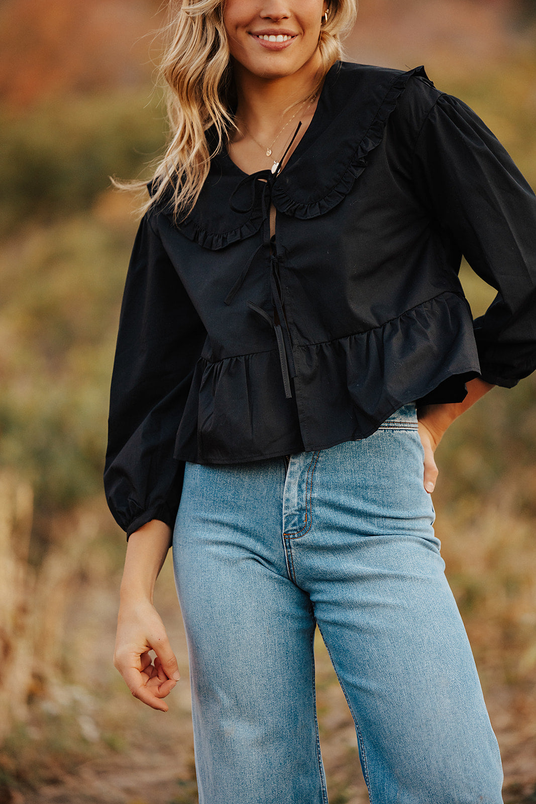 denim ruffle blouse