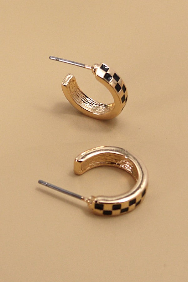 THE MINI CHECKER HOOPS IN BLACK AND GOLD