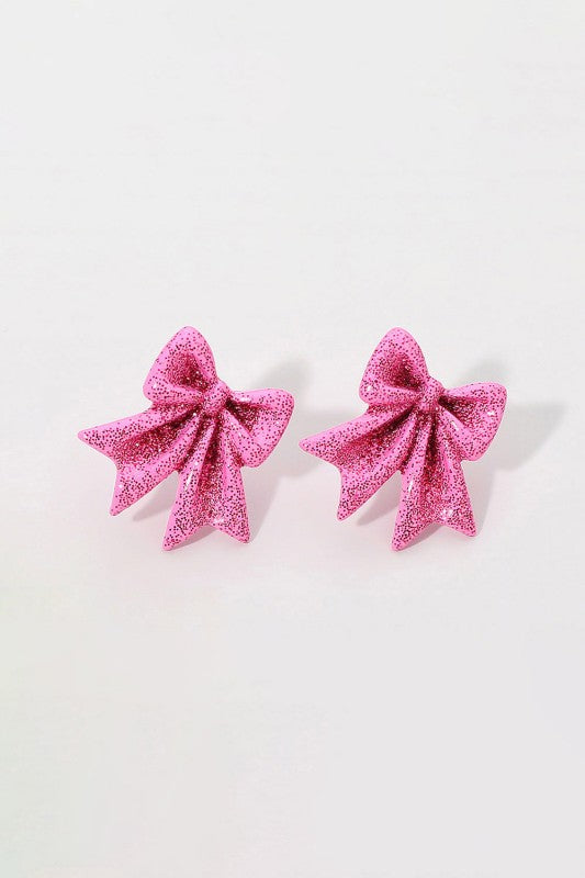 THE GLITTER BOW STUD EARRINGS IN PINK
