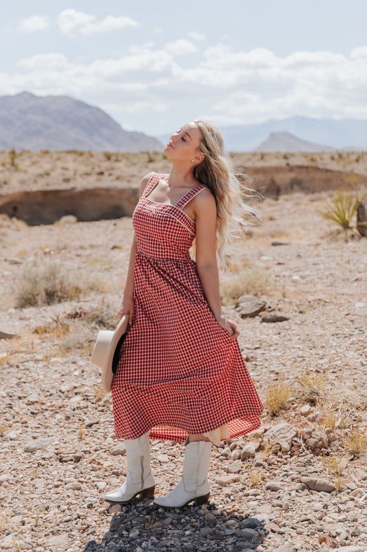 THE TAYLOR CHECKERED MIDI DRESS IN RED