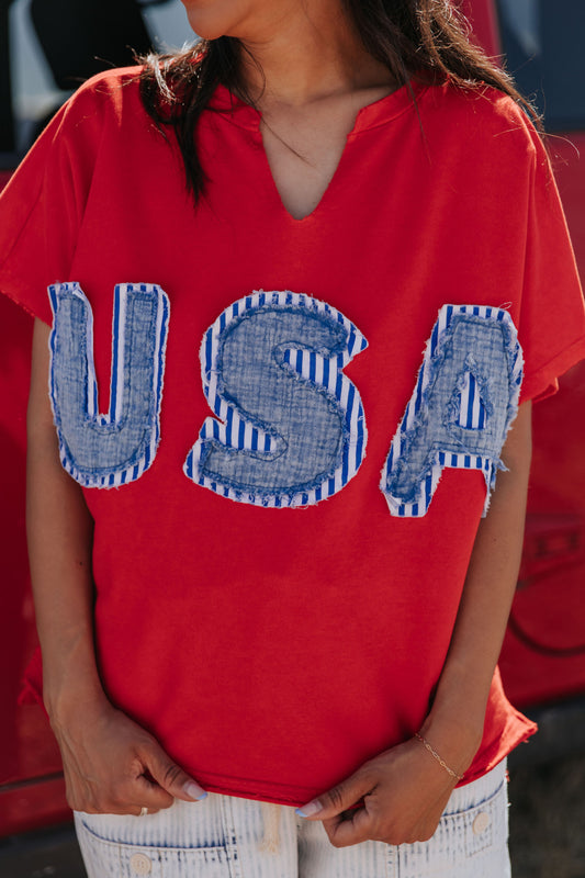 THE LIBERTY USA PATCHWORK TOP IN WASHED RED