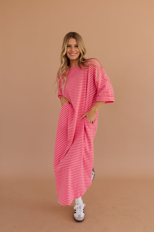 THE SUNNY STRIPE KNIT MAXI DRESS IN HOT PINK