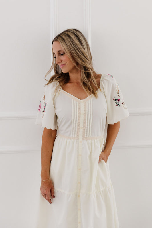 THE JAQUELINE EMBROIDERED MIDI DRESS IN CREAM