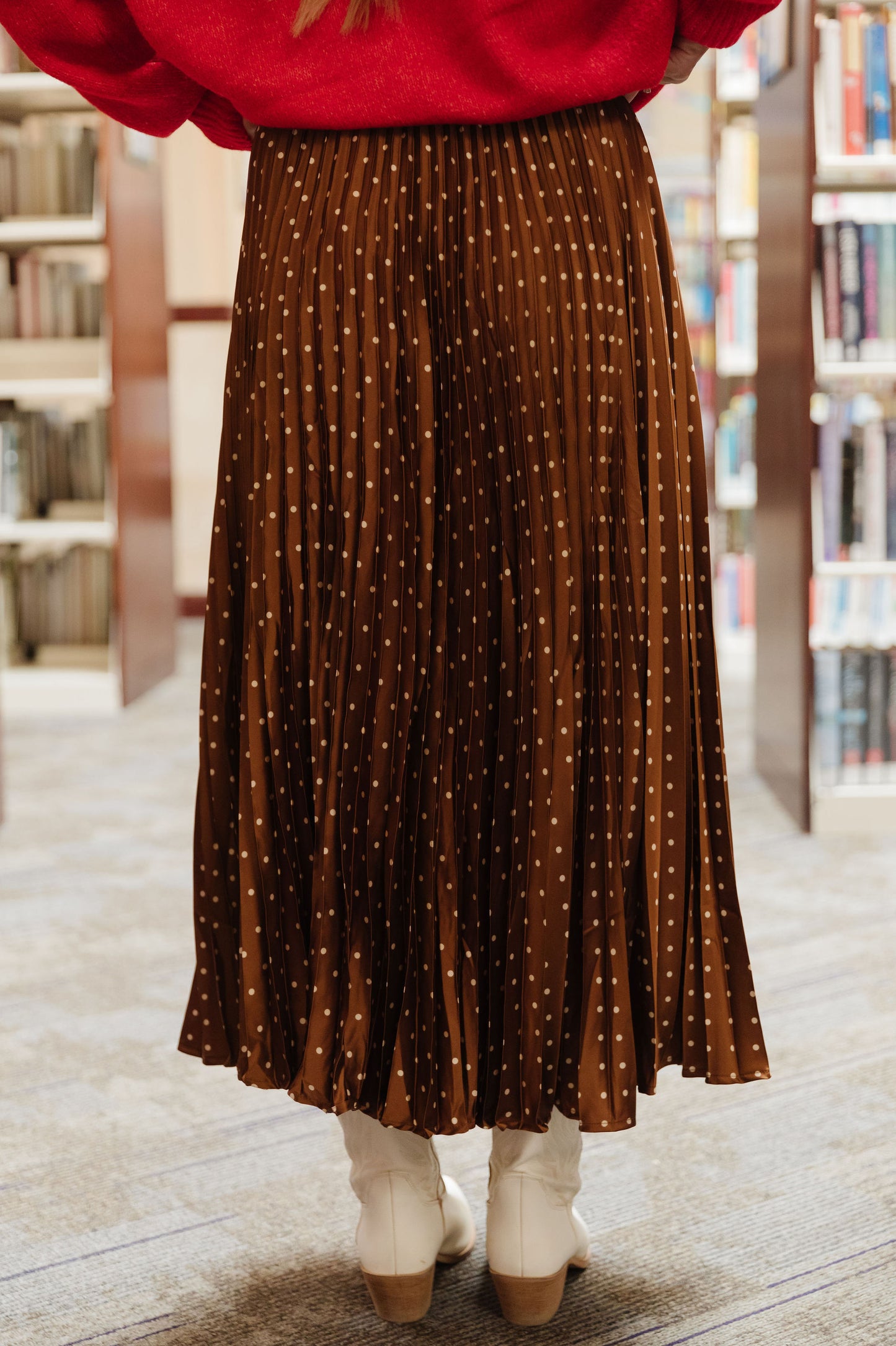 THE MAX PLEATED POLKA DOT SKIRT IN MOCHA