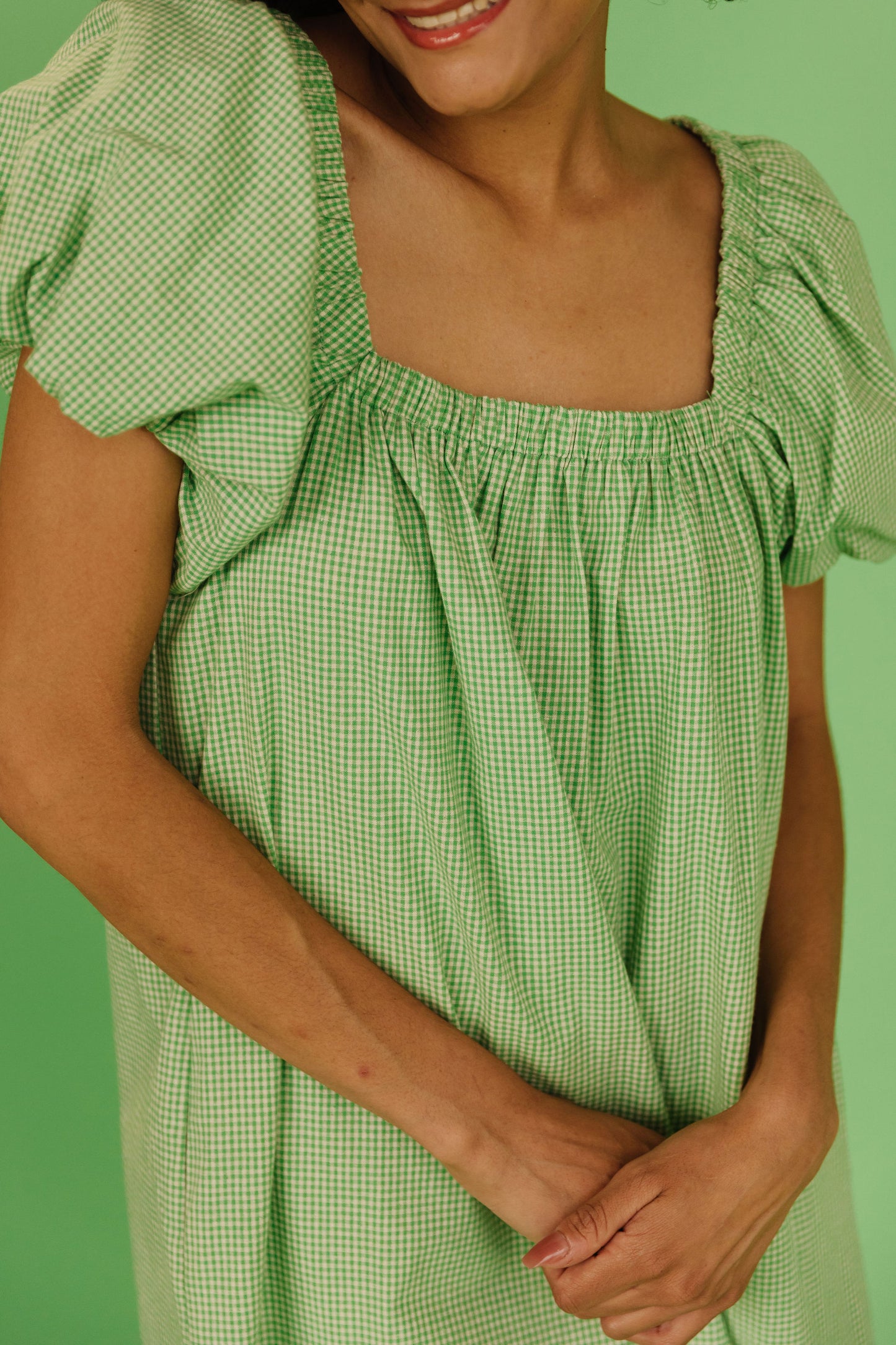 THE COLLINS GINGHAM DRESS IN GREEN APPLE