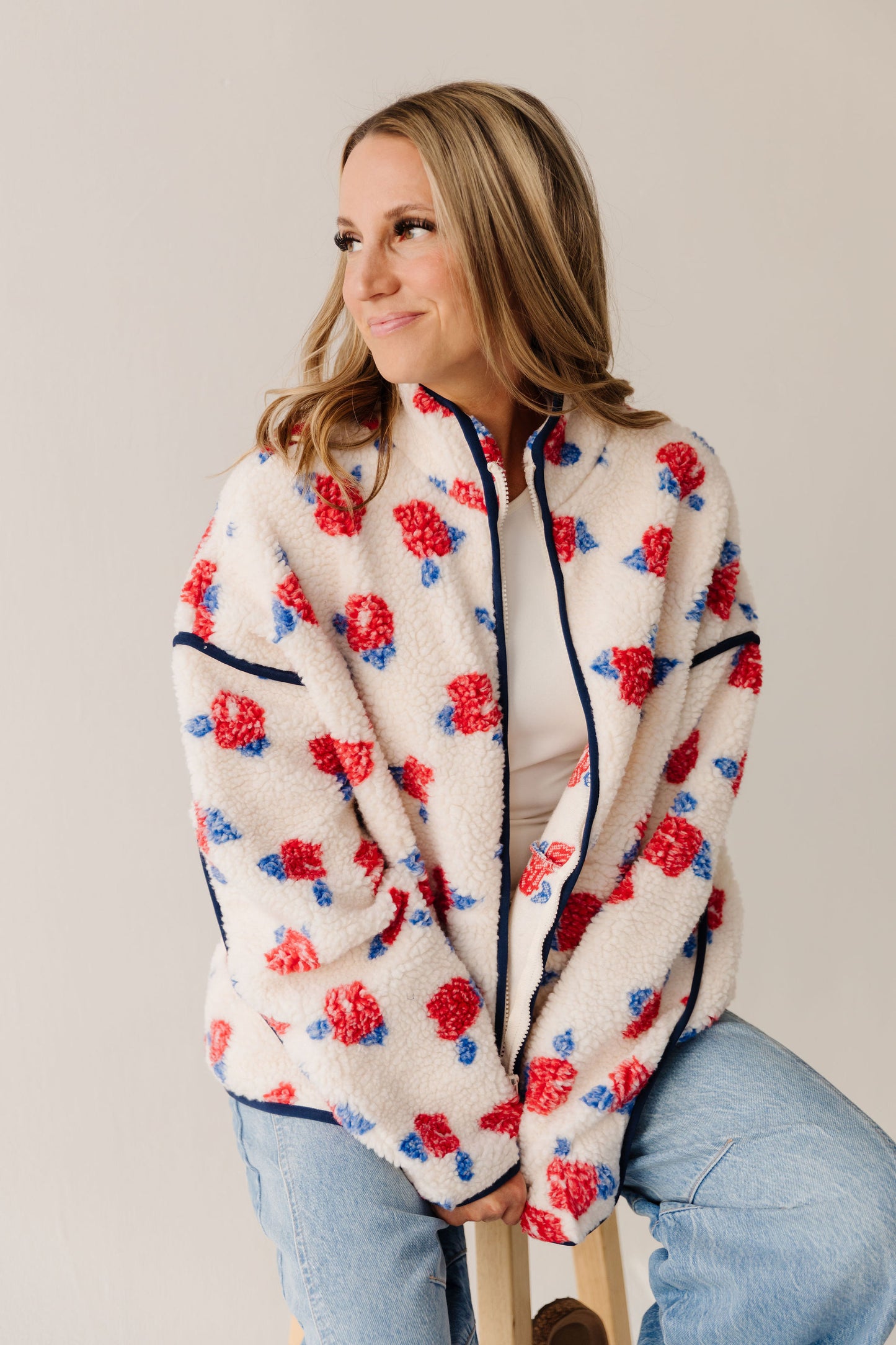 THE DIANNE FLORAL SHERPA JACKET IN CREAM