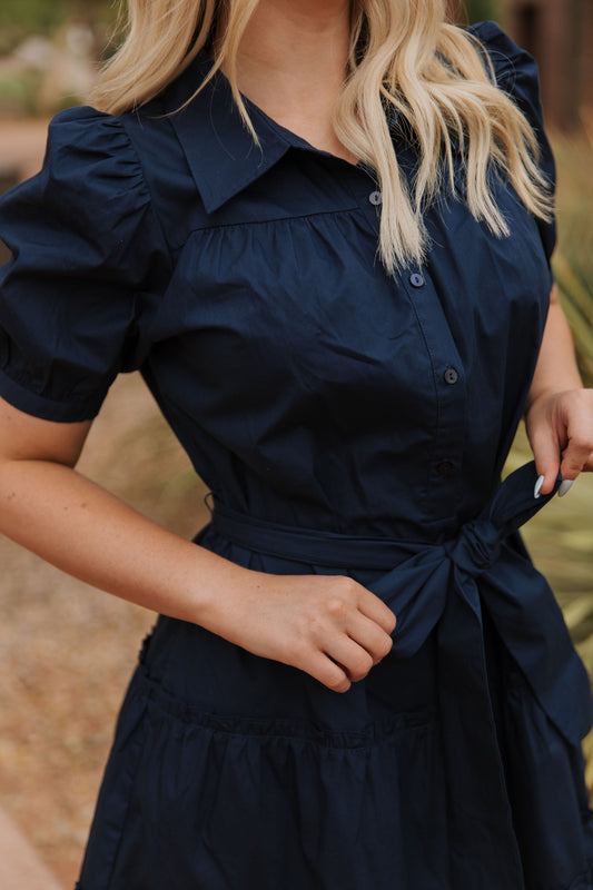 THE BLATE TIERED MIDI DRESS IN NAVY