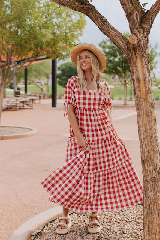THE ROSABELLA CHECKERED MAXI DRESS IN RED