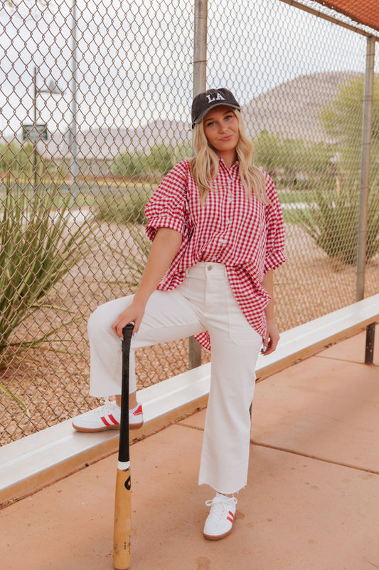 THE MILEY OVERSIZED GINGHAM TOP IN RED