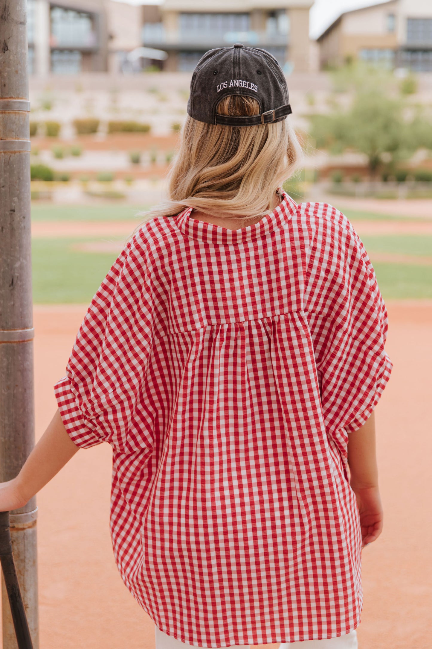 THE MILEY OVERSIZED GINGHAM TOP IN RED