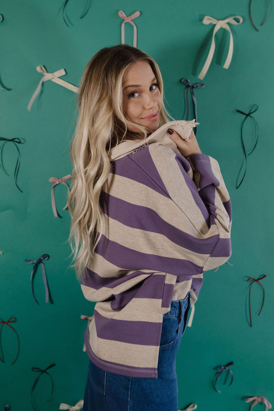 THE STAZIE STRIPED OVERSIZED COLLARED TOP IN PURPLE