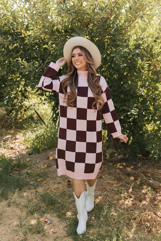 THE CHUNKY TURTLENECK DRESS IN MAUVE CHECKER BY PINK DESERT