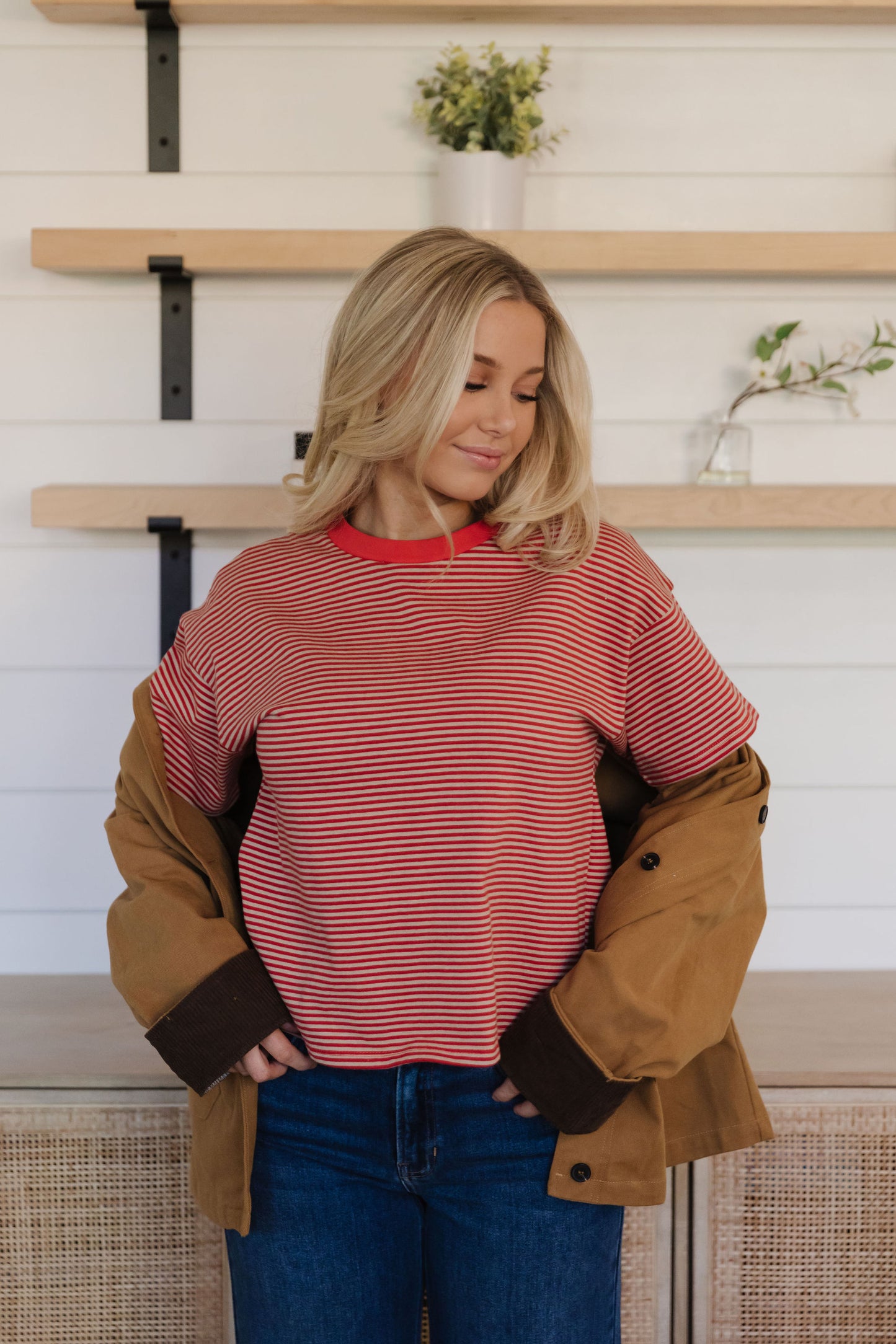 THE LILLIAN STRIPE SHORT SLEEVE SHIRT IN RED