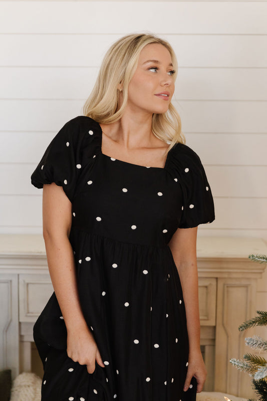 THE LILLY EMBROIDERED DOT DRESS IN BLACK