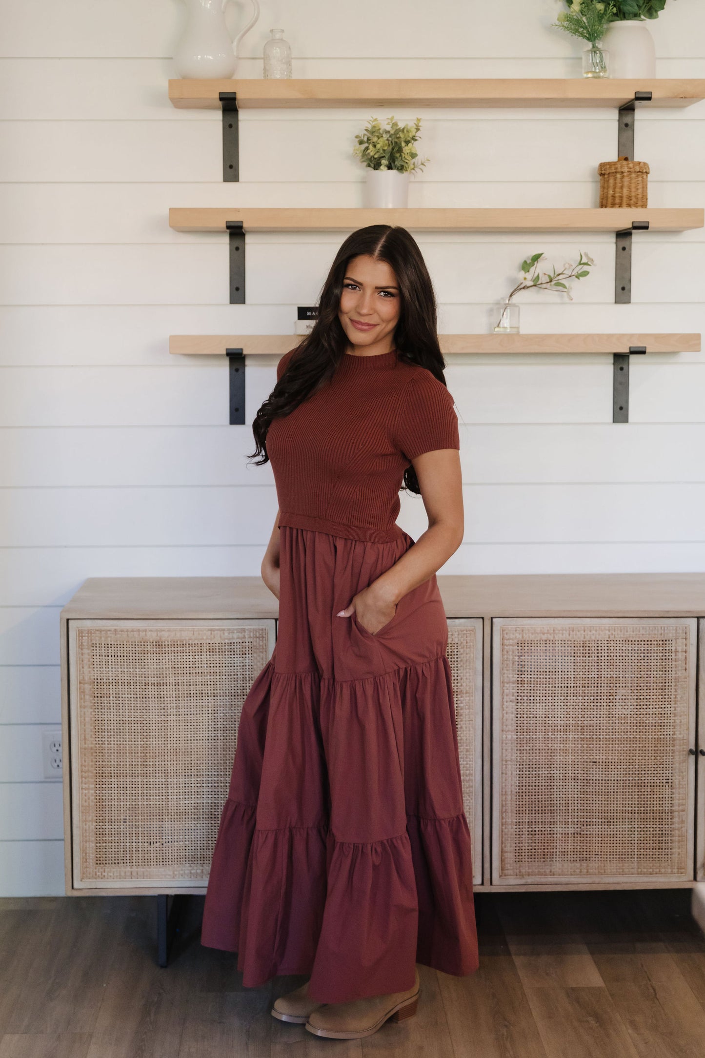 THE BRIELLE MOCK NECK DRESS IN RUST