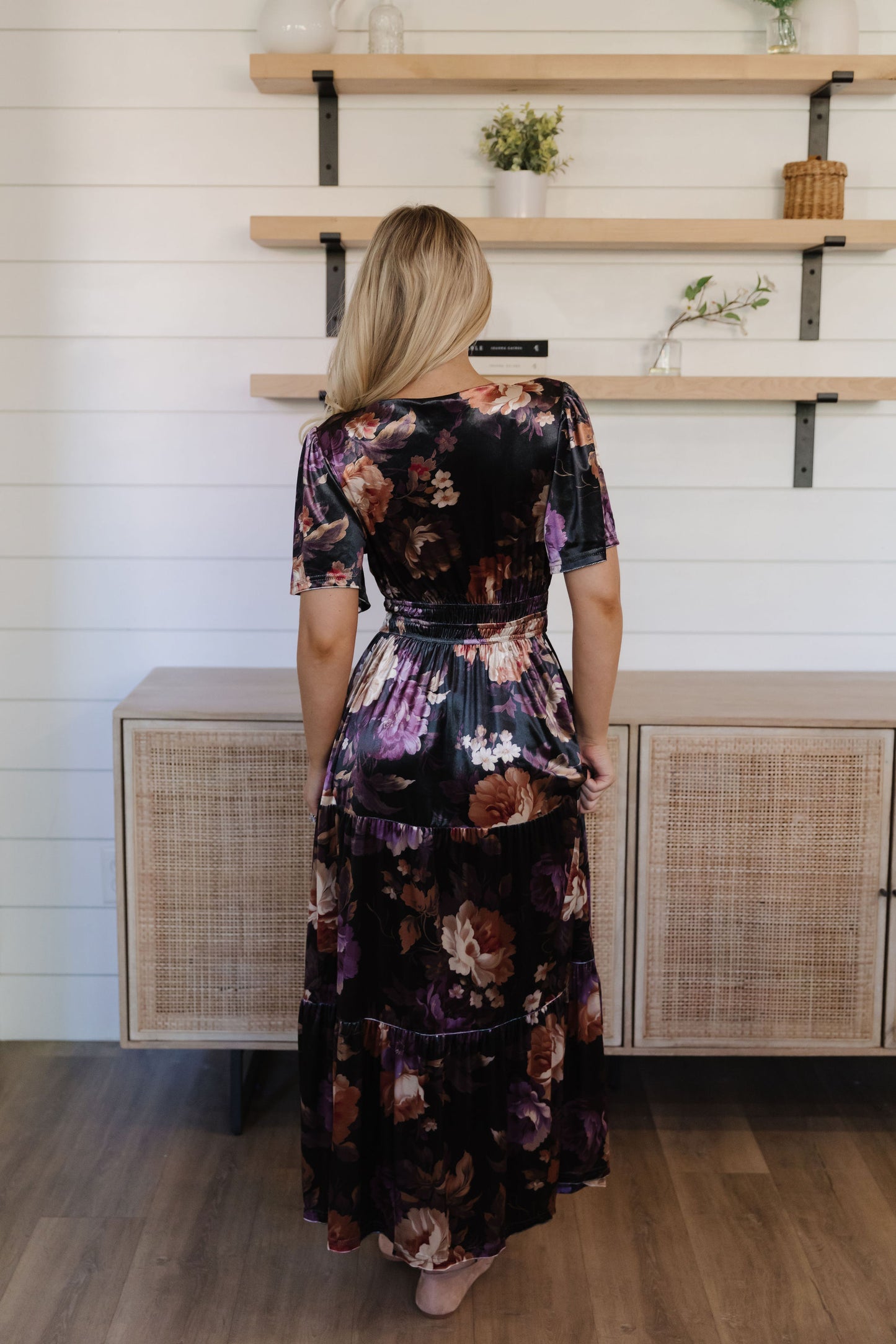 THE LAURA FLORAL PRINT VELVET DRESS IN BLACK
