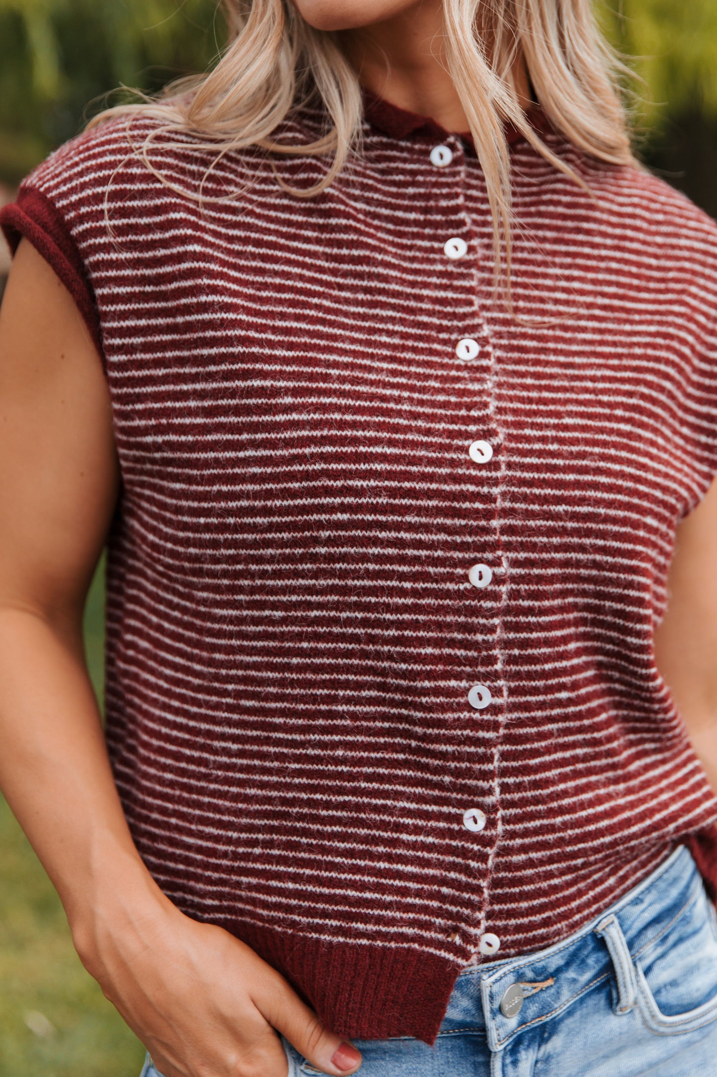 THE CAMPBELL CARDIGAN VEST IN BURGUNDY STRIPE