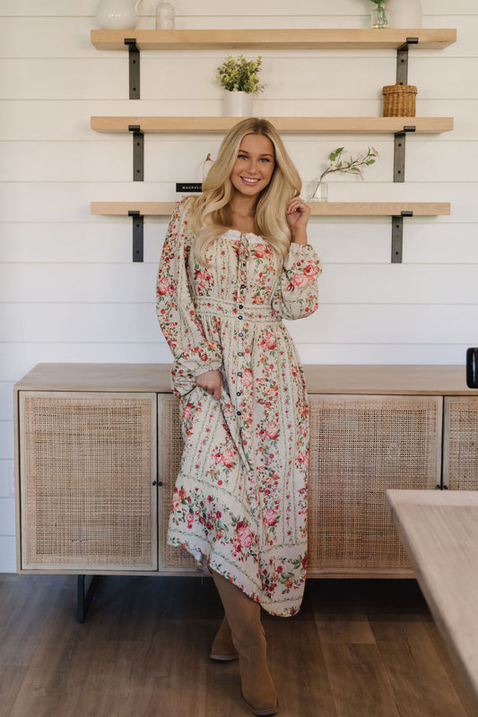 THE EMILEE FLORAL MIDI DRESS IN CREAM
