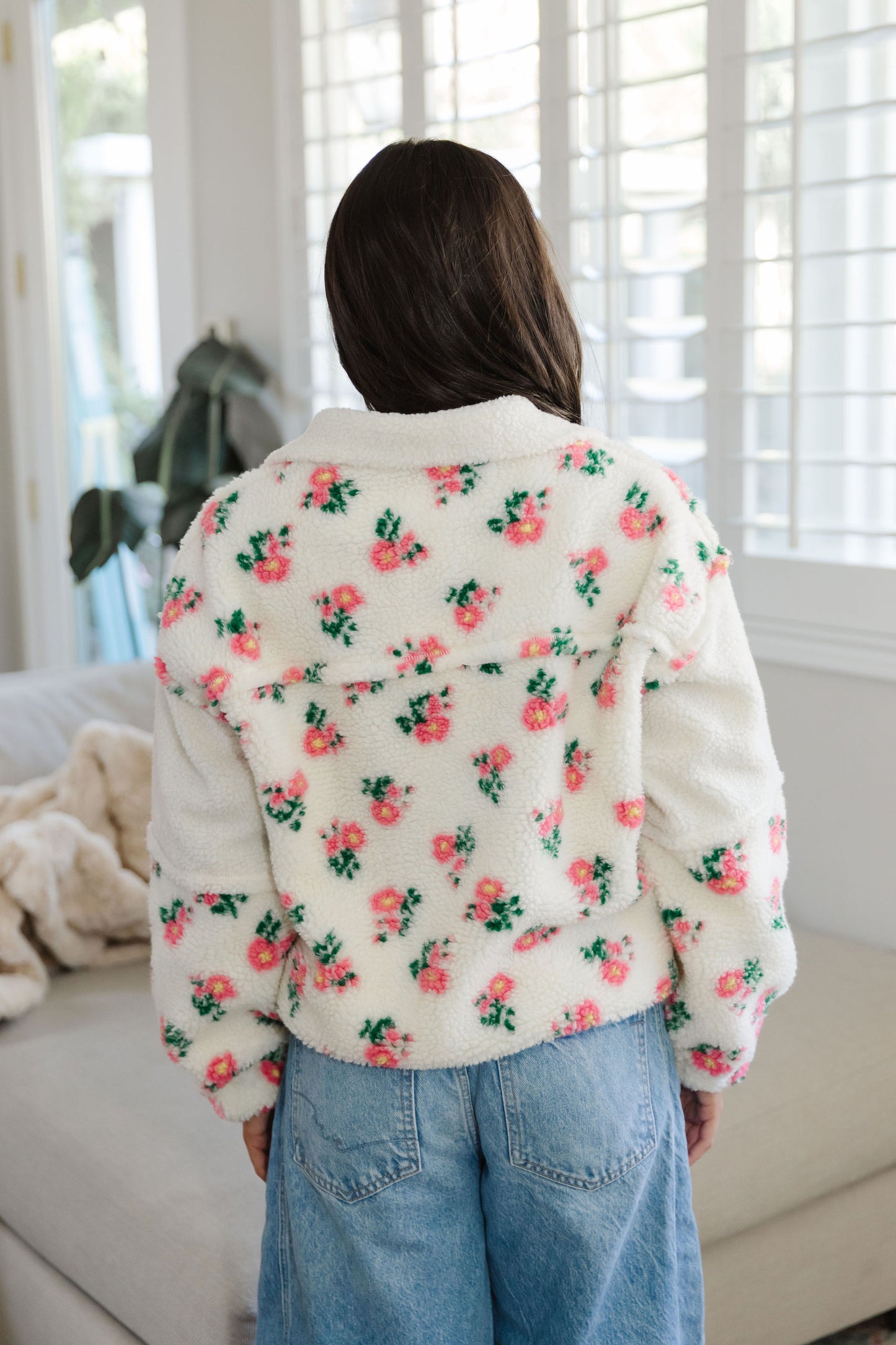 THE AMELIA PINK FLORAL SHERPA IN CREAM