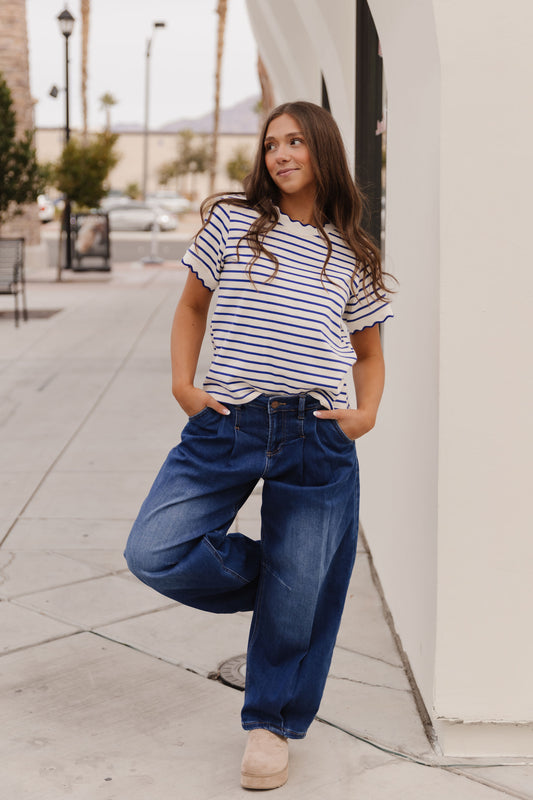 THE RORY SCALLOPED STRIPE TOP IN BLUE
