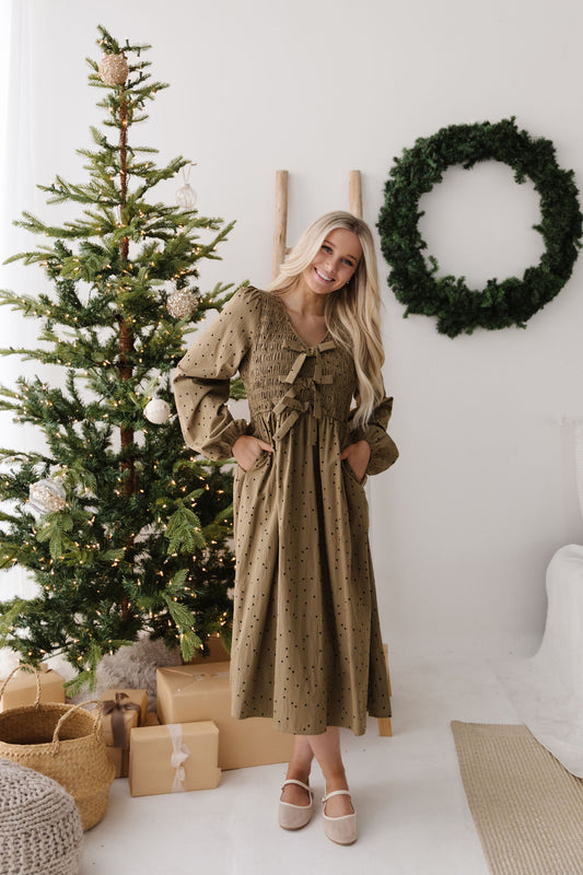 THE ELIZABETH POLKA DOT DRESS IN OLIVE