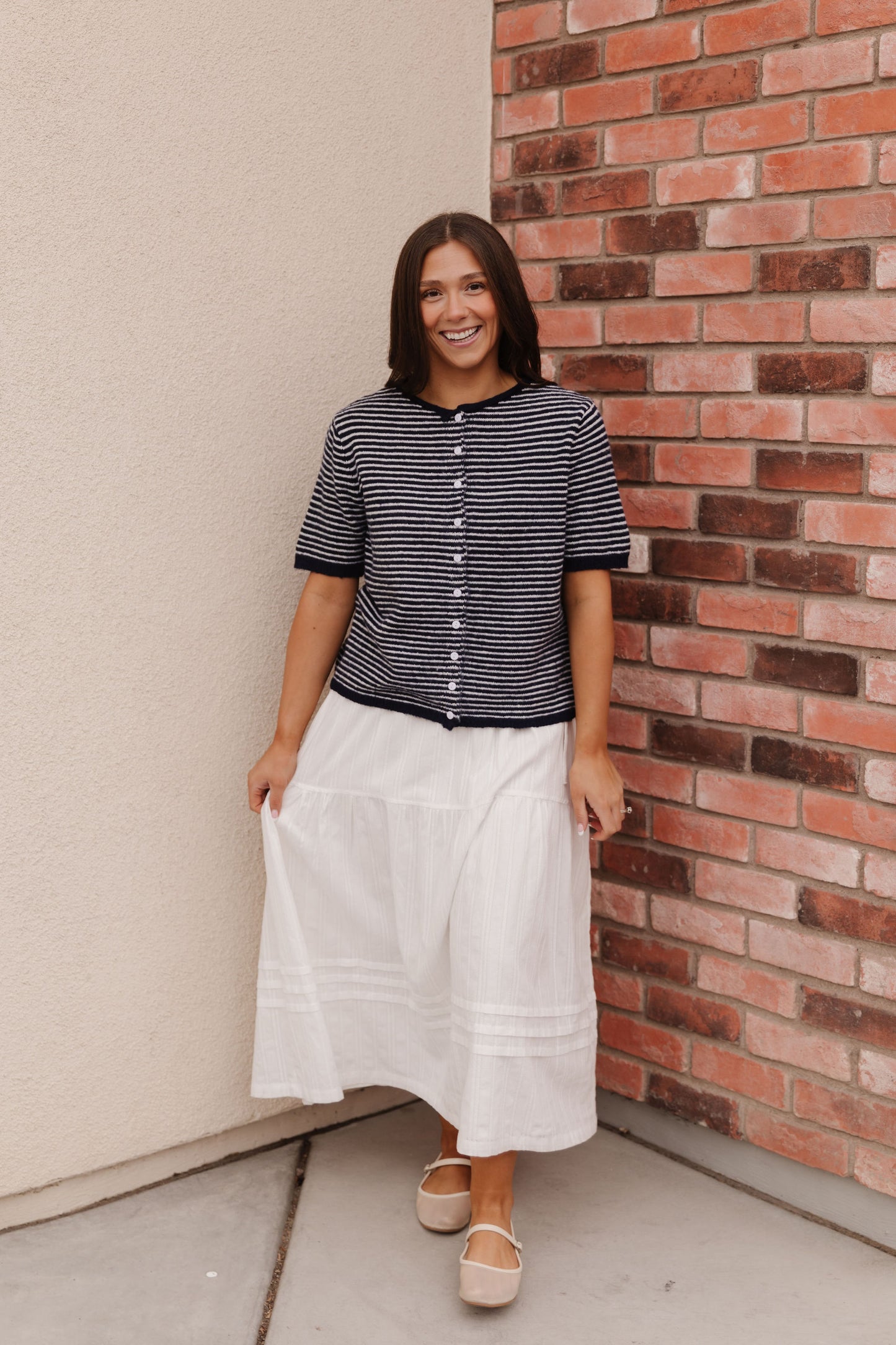 THE MCKAYLA SHORT SLEEVE STRIPED CARDIGAN IN NAVY
