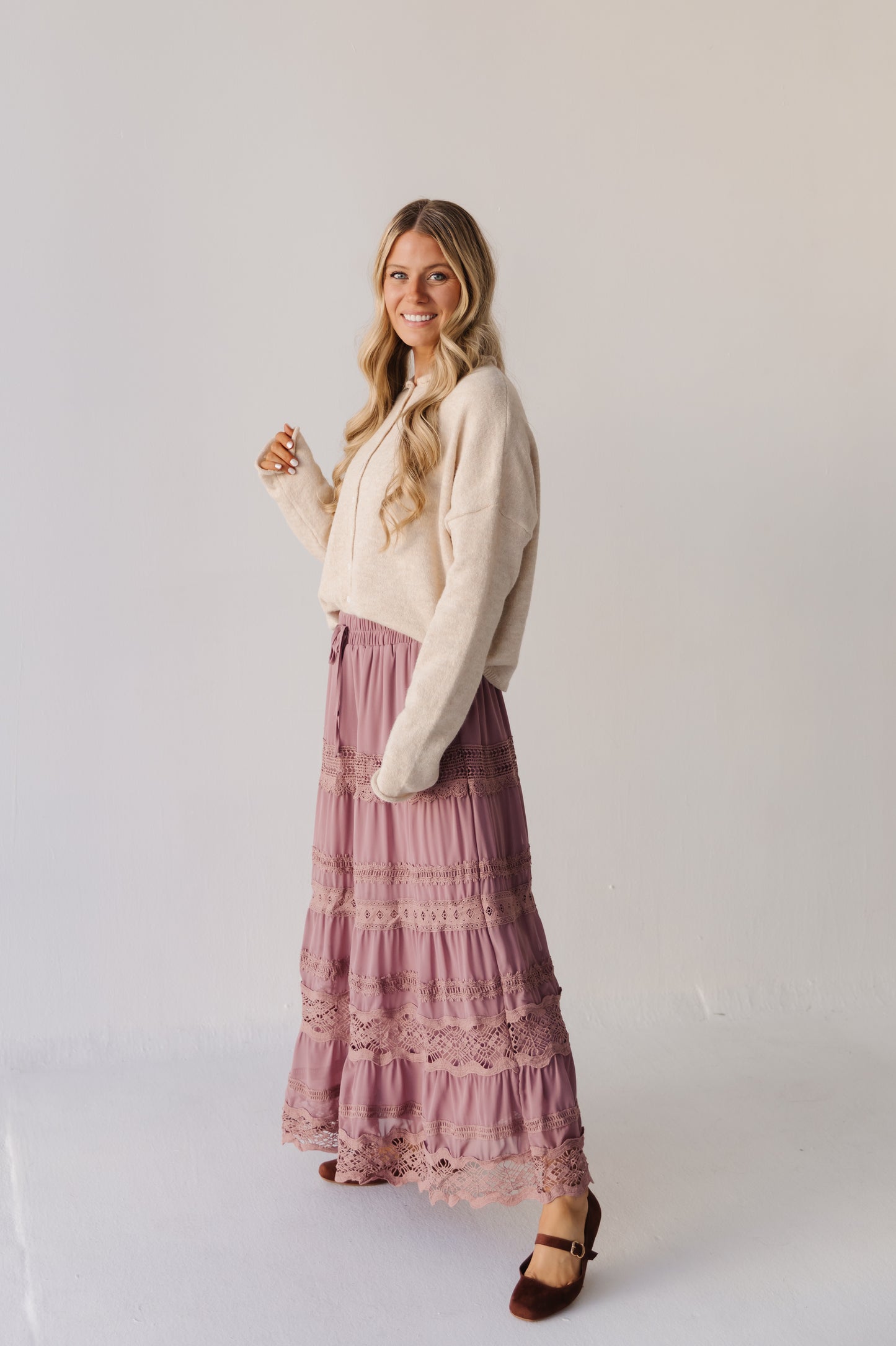 THE HELENA CHIFFON LACE TRIM SKIRT IN MAUVE