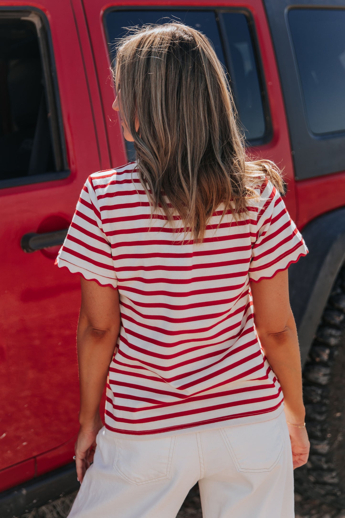THE RORY SCALLOPED STRIPE TOP IN RED