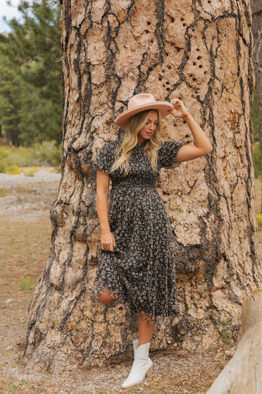 THE CHANTEL FLORAL CHIFFON MIDI DRESS IN BLACK