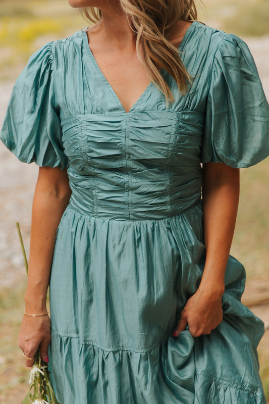 THE SISSY PUFF SLEEVE DRESS IN TEAL