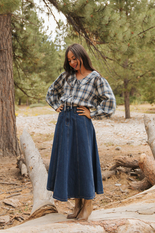 THE JOCELYN MAXI SKIRT IN DARK DENIM