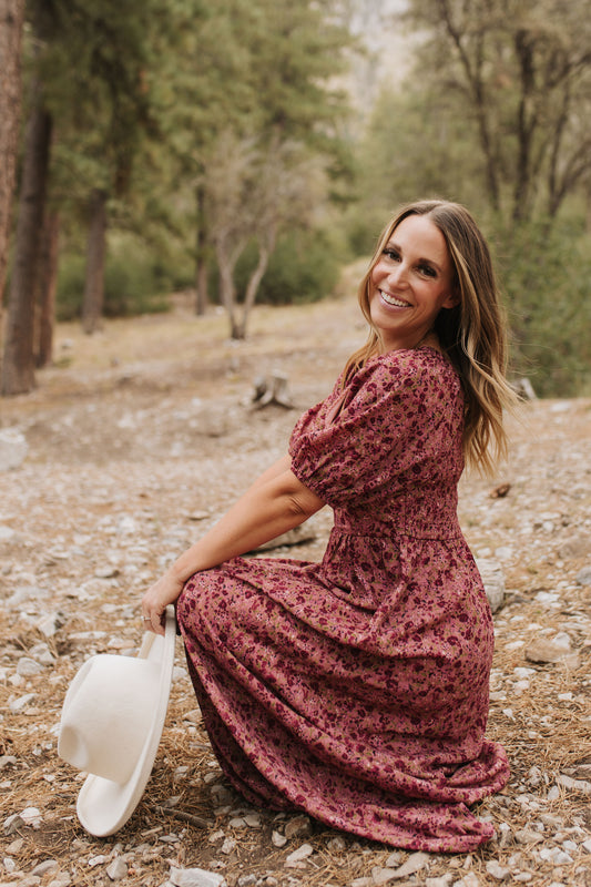THE EMMY LOU DRESS IN BURGUNDY FLORAL BY PINK DESERT