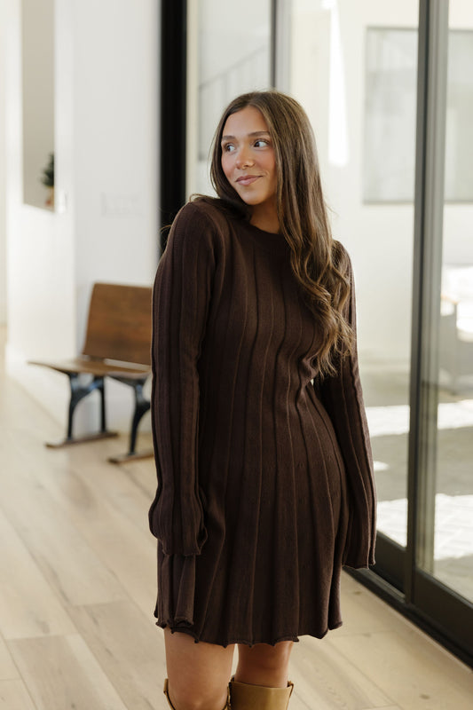 THE ANNALEE RIBBED MINI SWEATER DRESS IN BROWN