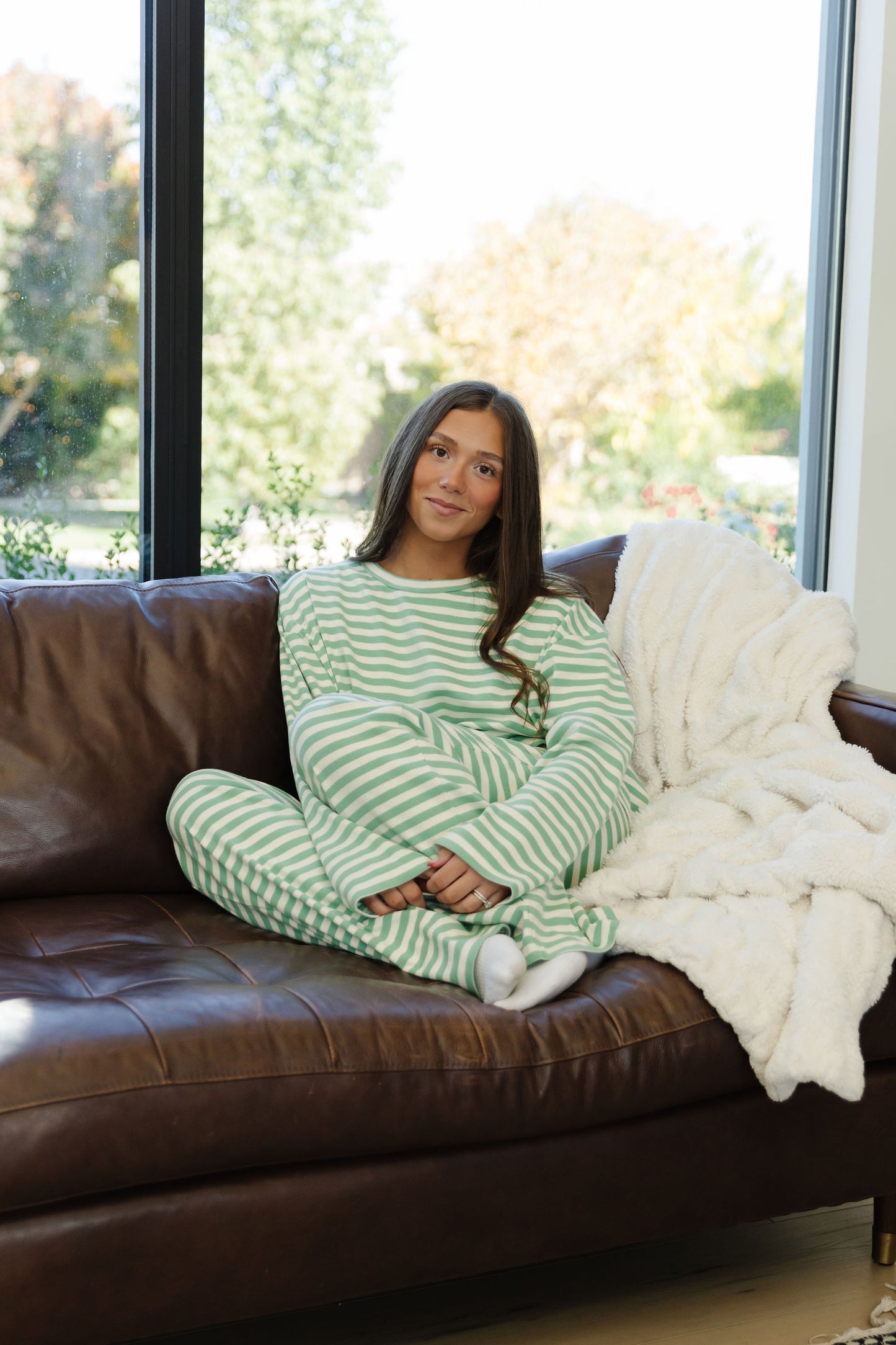 THE AVA STRIPED LOUNGE SET IN GREEN AND IVORY