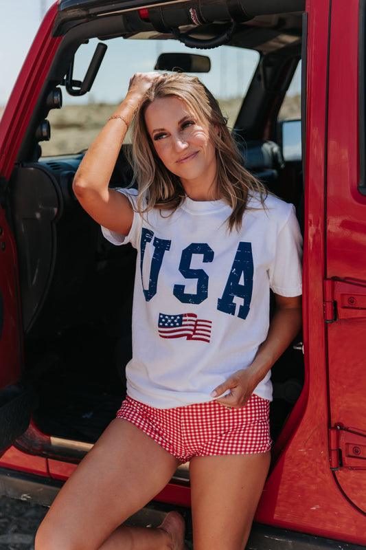 BEACHCOMBER SPORTY SWIM BOY SHORT IN RED GINGHAM BY PINK DESERT