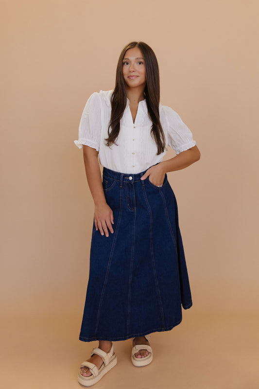 THE JOCELYN MAXI SKIRT IN DARK DENIM