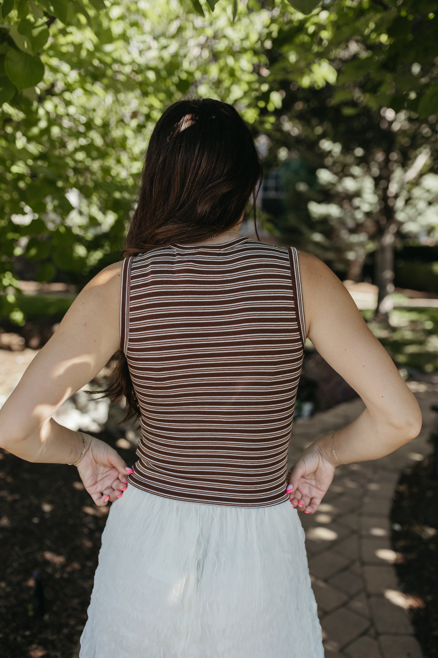 THE GUINEVERE STRIPED SLEEVELESS BUTTON TANK IN BROWN
