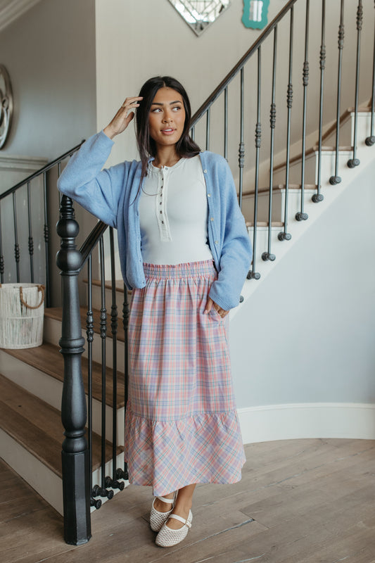 THE GIANNA GINGHAM MIDI SKIRT IN CORAL