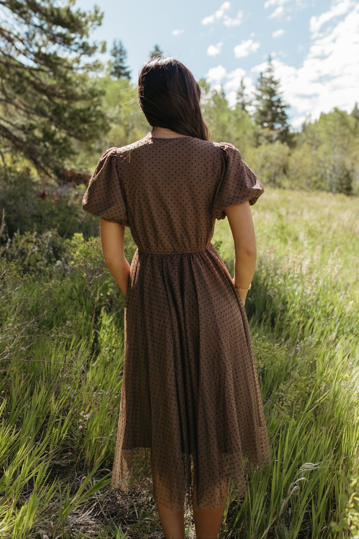 THE NATALIE POLKA DOT MIDI DRESS IN MOCHA