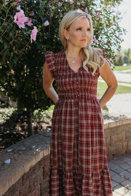 THE GIOVANNA PLAID MIDI SMOCKED DRESS IN BURGUNDY