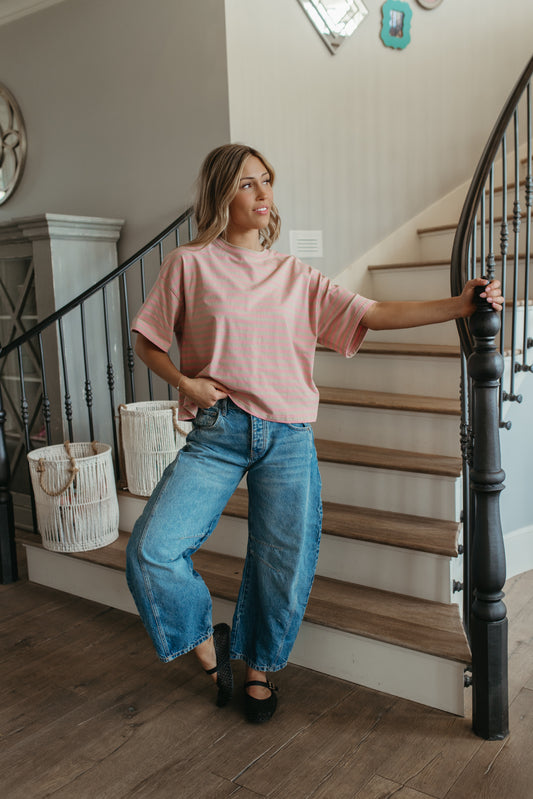 THE EVELYN OVERSIZED STRIPE TEE IN OAT/PINK