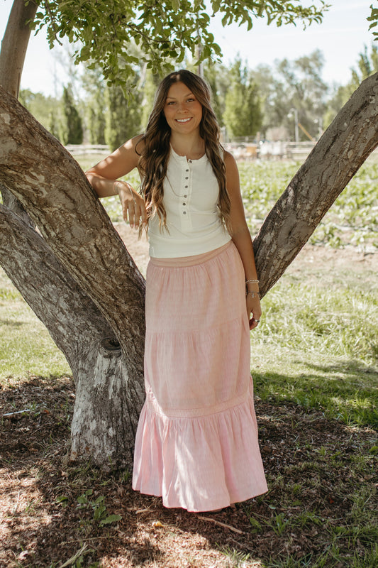 THE LEILA TIERED LACE TRIM SKIRT IN BLUSH