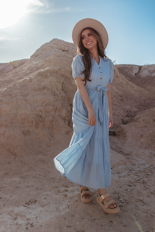 THE TALLY TIERED MAXI DRESS IN LIGHT BLUE