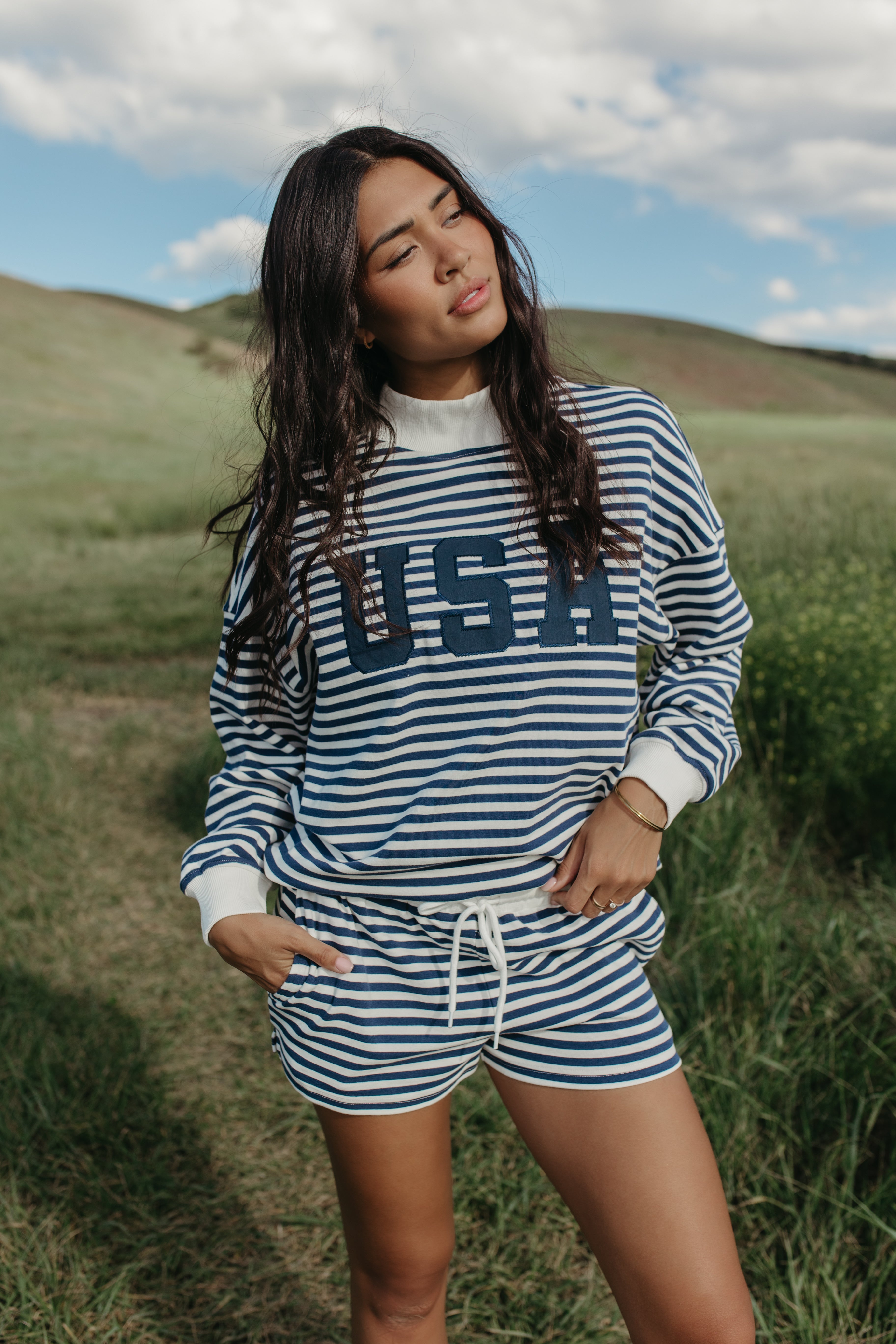 THE AMERICANA NAVY STRIPE MOCK NECK – Pink Desert
