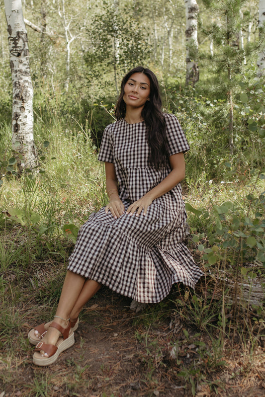 THE CLAIRE PLAID TIERED DRESS IN BROWN