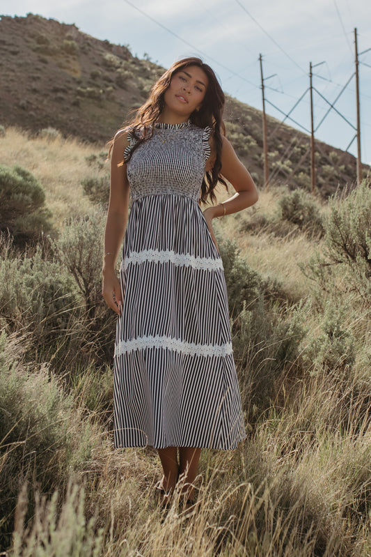 THE HARLOW STRIPED SMOCKED DRESS IN NAVY