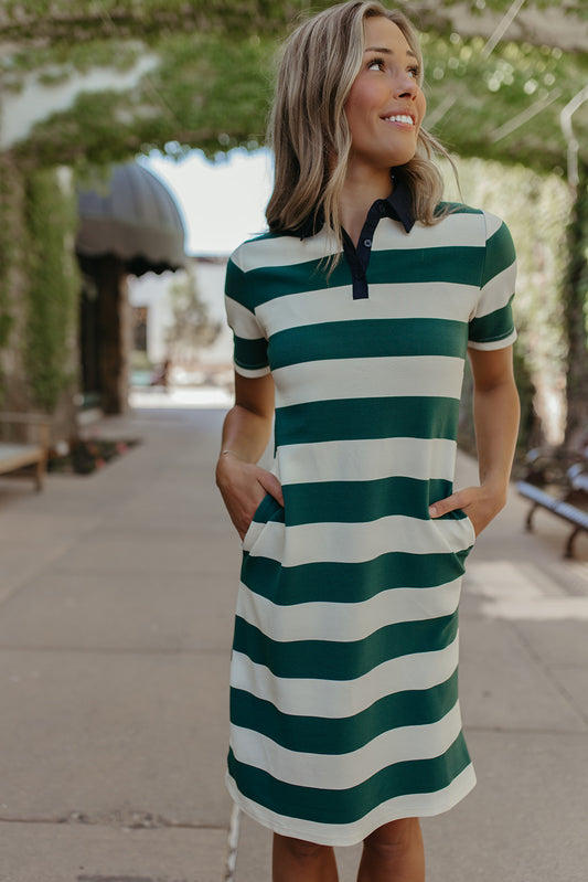 THE CADEE STRIPE MIDI DRESS IN HUNTER GREEN