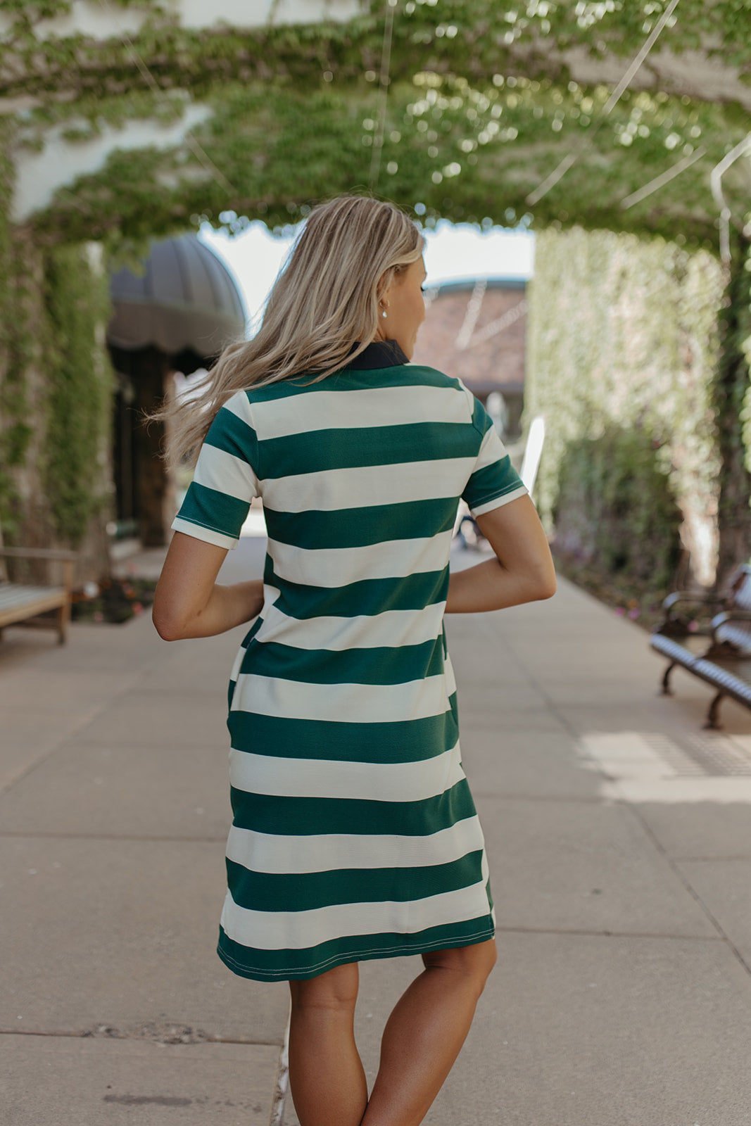 THE CADEE STRIPE MIDI DRESS IN HUNTER GREEN