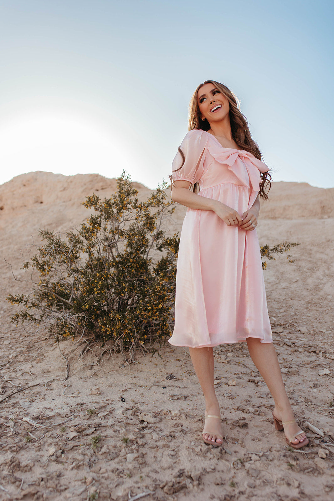 THE SATIN BOW DRESS IN POWDER PINK BY PINK DESERT